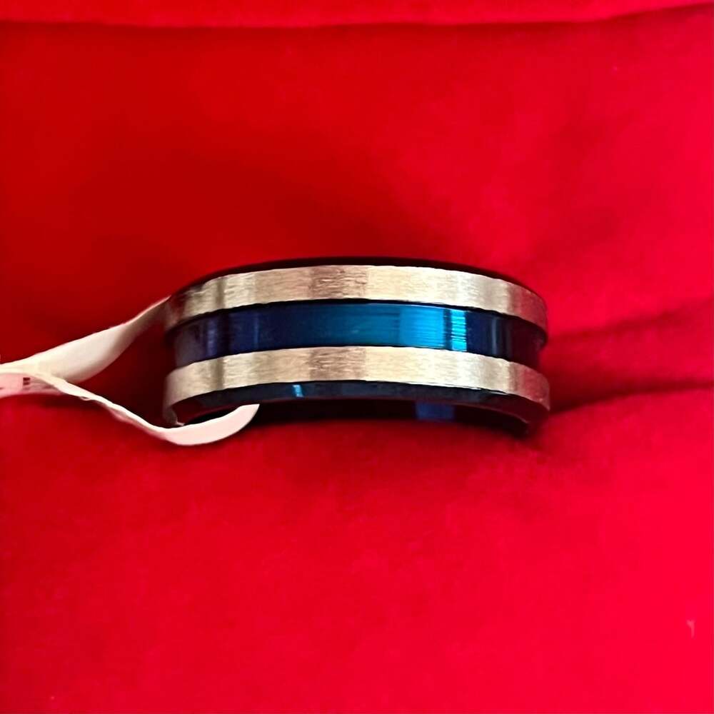 Tungsten Blue & Silver Titanium Steel Polished Finish 6mm Groove Band Size 9